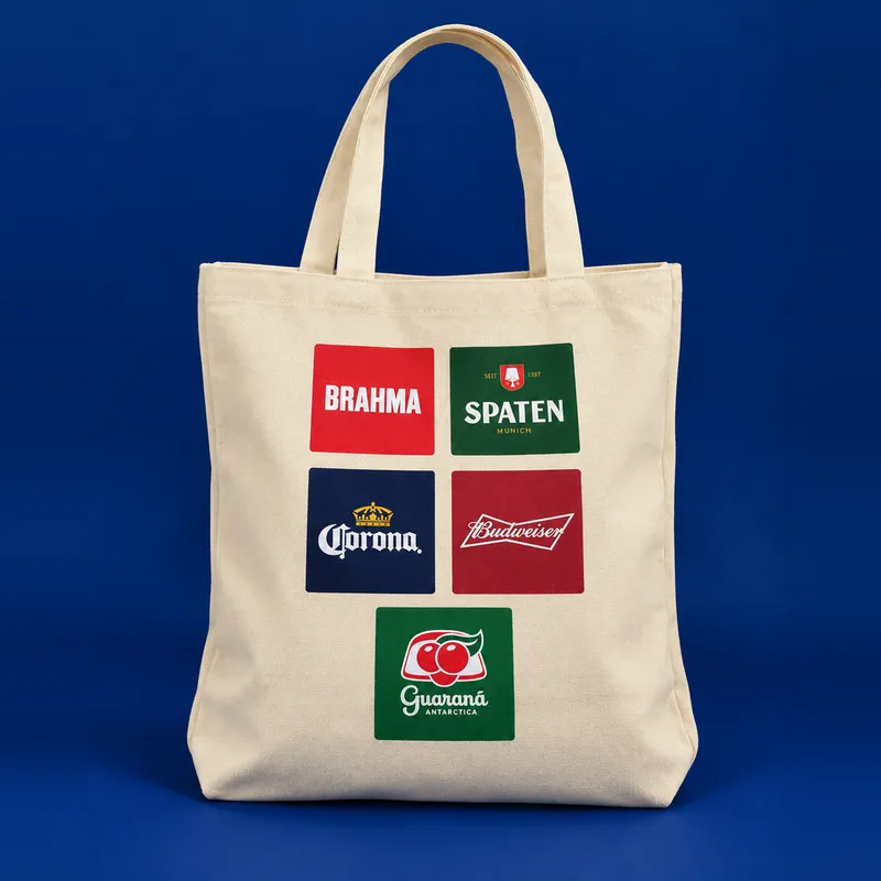 Ecobag de algodão cru com logos Brahma, Spaten, Corona, Budweiser e Guaraná