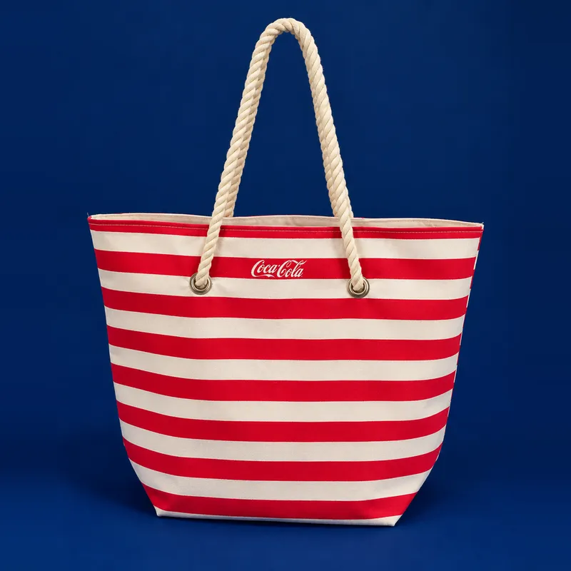 Ecobag listrada vermelha e branca Coca-Cola com alça de corda