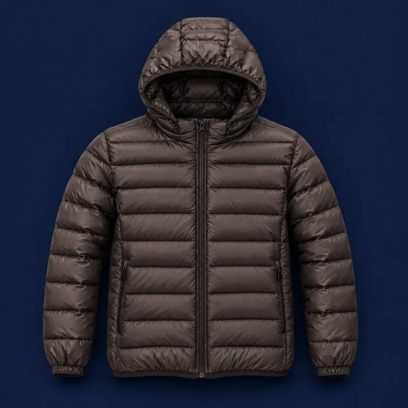 Jaqueta puffer marrom com capuz