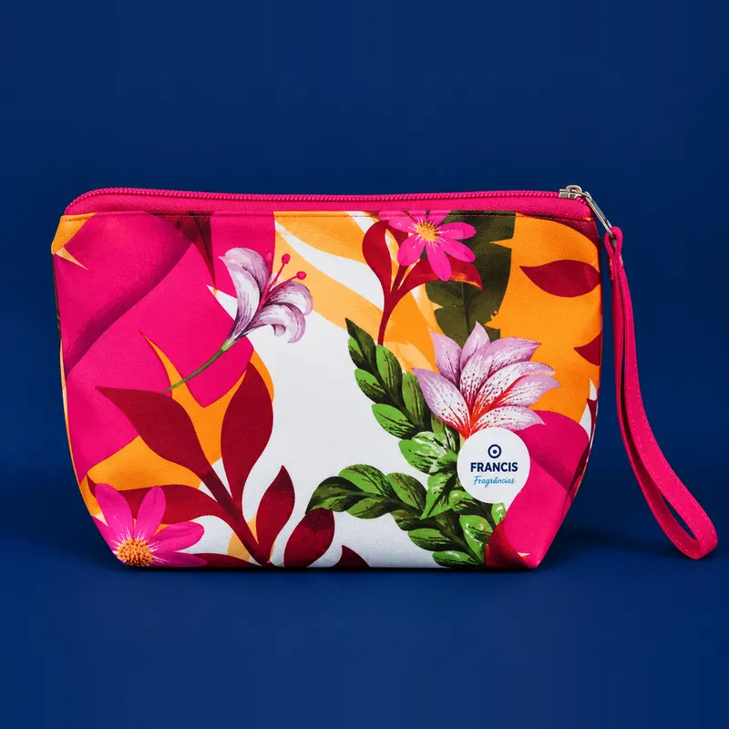 Necessaire com estampa floral e alça pink