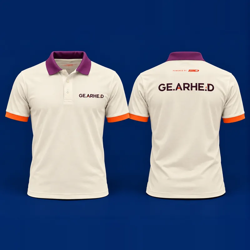 Camisa polo creme com gola vinho e punho laranja, frente e costas